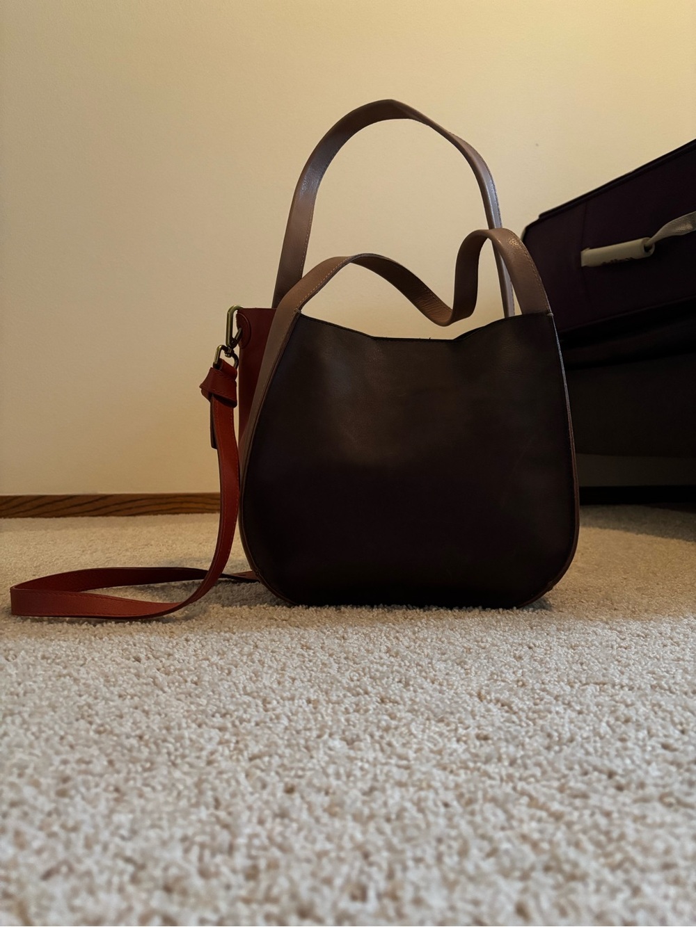 Madewell Women's Dark Brown Leather Crossbody Tote with Tan Handles
